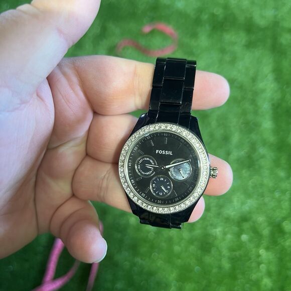 Fossil Women's ES2157 Black Resin Bracelet Black Glitz Analog Dial Wrist Watch - Picture 1 of 5